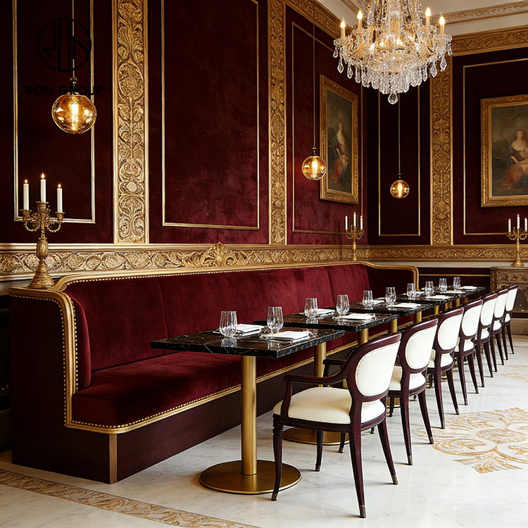 Luxury Burgundy Velvet Restaurant Booth Seating Set with Marble Tables and Dining Chairs