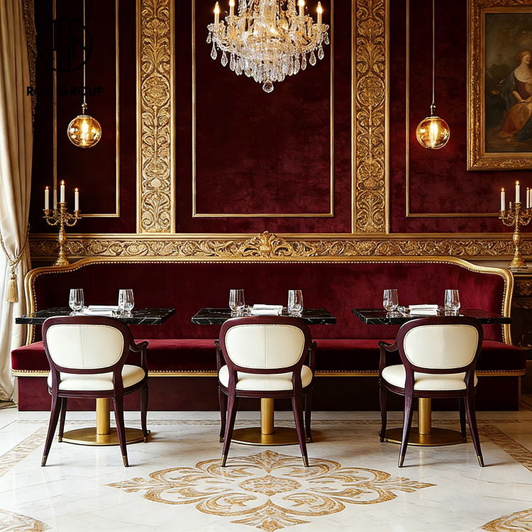 Luxury Burgundy Velvet Restaurant Booth Seating Set with Marble Tables and Dining Chairs
