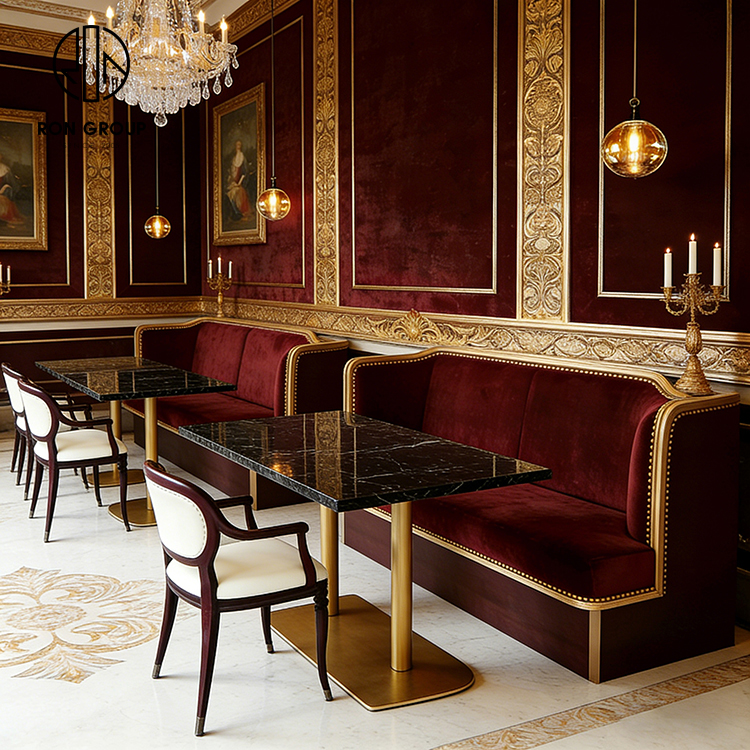 Luxury Burgundy Velvet Restaurant Booth Seating Set with Marble Tables and Dining Chairs