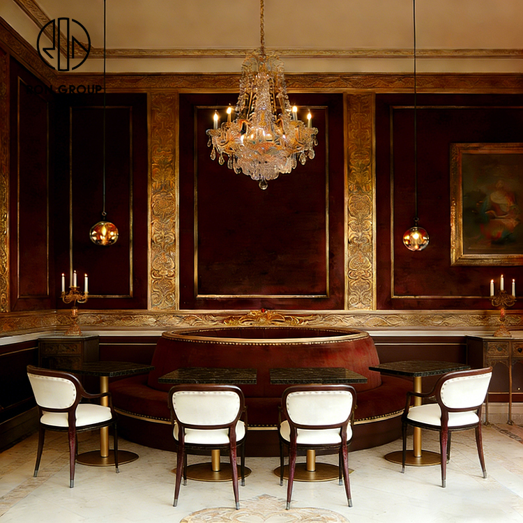 Luxury Burgundy Velvet Restaurant Booth Seating Set with Marble Tables and Dining Chairs