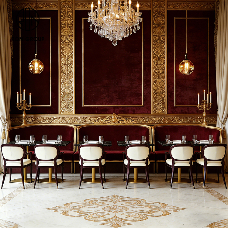 Luxury Burgundy Velvet Restaurant Booth Seating Set with Marble Tables and Dining Chairs