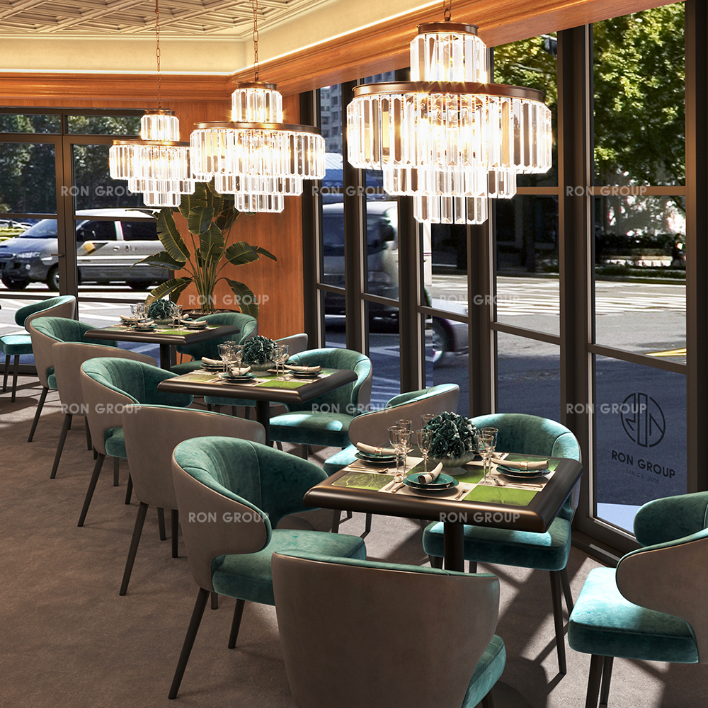 Restaurant Interior Design: Warm Luxury, Teal Seating & Statement Lighting