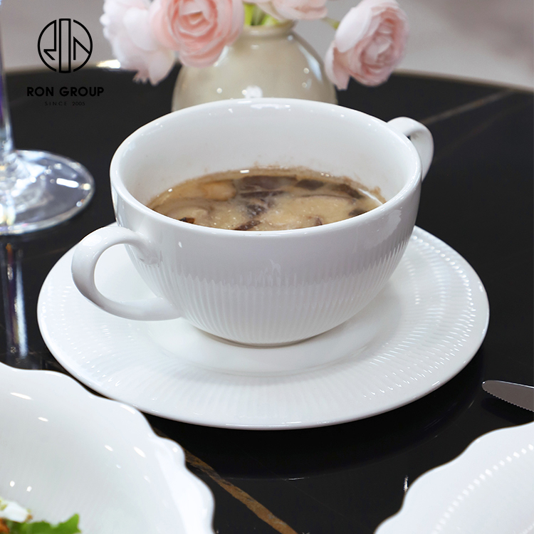 White Ceramic Two-Handle Soup Bowl with Saucer for Restaurant and Hotel Service