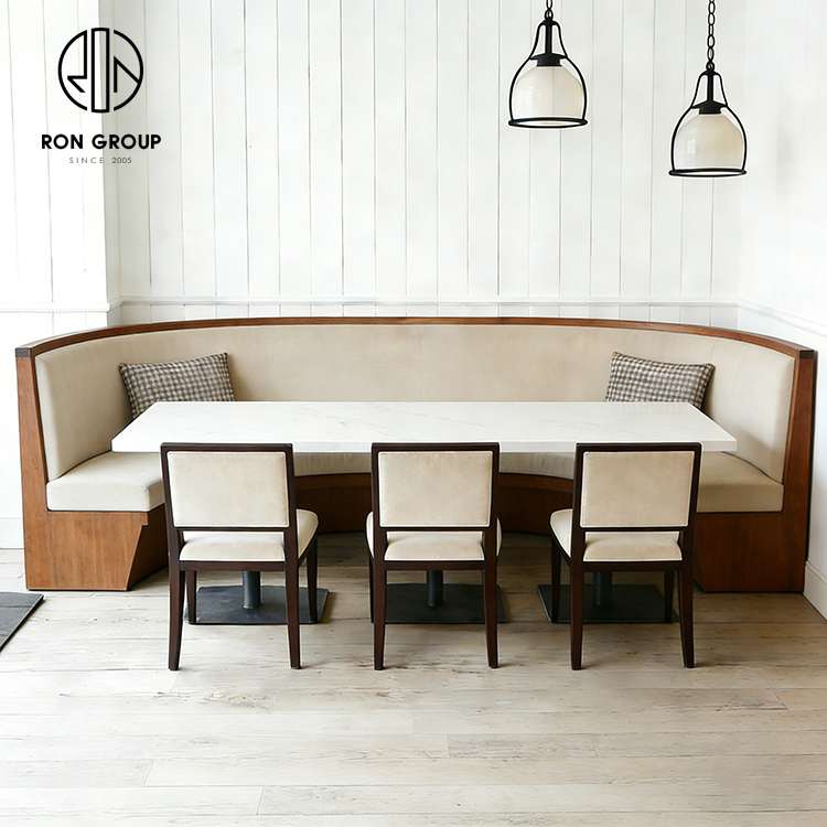 Beige Curved Corner Restaurant Booth Seating Set with Table and Dining Chairs