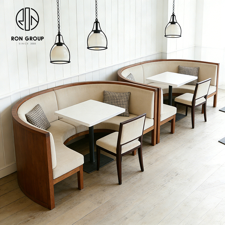 Beige Curved Corner Restaurant Booth Seating Set with Table and Dining Chairs