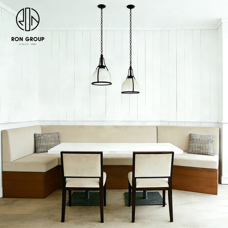Beige Curved Corner Restaurant Booth Seating Set with Table and Dining Chairs