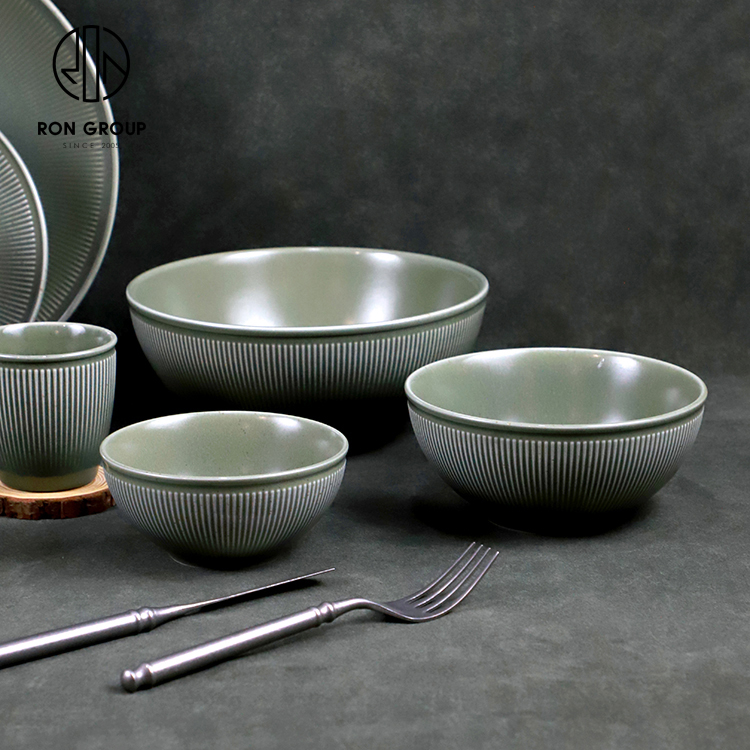 Light Green Ribbed Ceramic Soup Bowl for Hotels and Restaurants