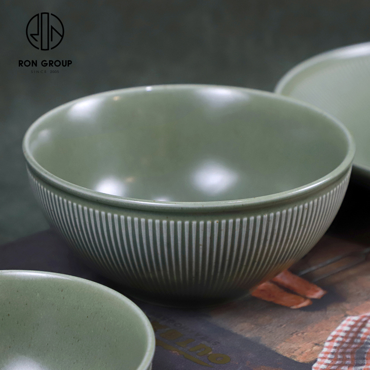Light Green Ribbed Ceramic Soup Bowl for Hotels and Restaurants