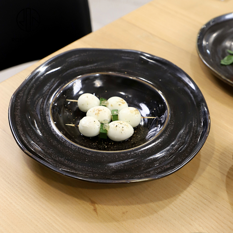 Irregular Black Ceramic Wide Rim Dinner Plate