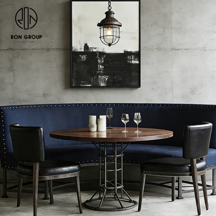 Industrial Blue Restaurant Booth Seating Set with Wooden Table and Leather Dining Chairs