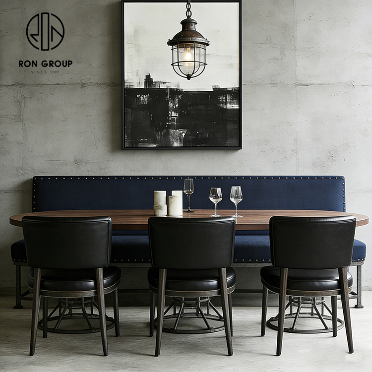 Industrial Blue Restaurant Booth Seating Set with Wooden Table and Leather Dining Chairs