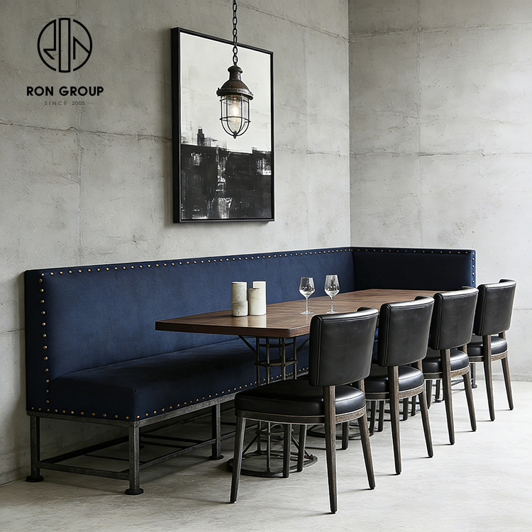 Industrial Blue Restaurant Booth Seating Set with Wooden Table and Leather Dining Chairs