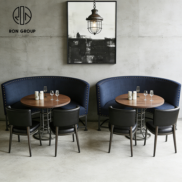 Industrial Blue Restaurant Booth Seating Set with Wooden Table and Leather Dining Chairs