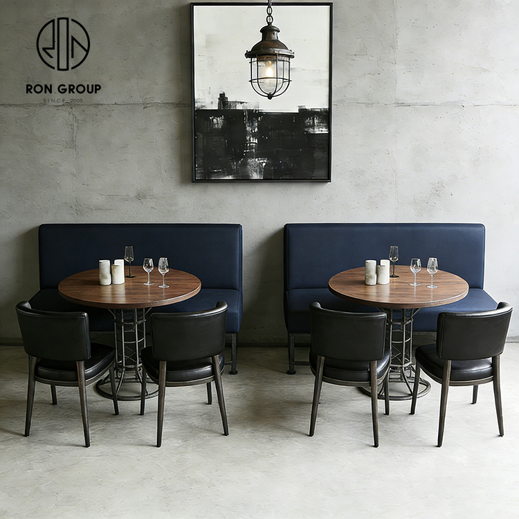 Industrial Blue Restaurant Booth Seating Set with Wooden Table and Leather Dining Chairs