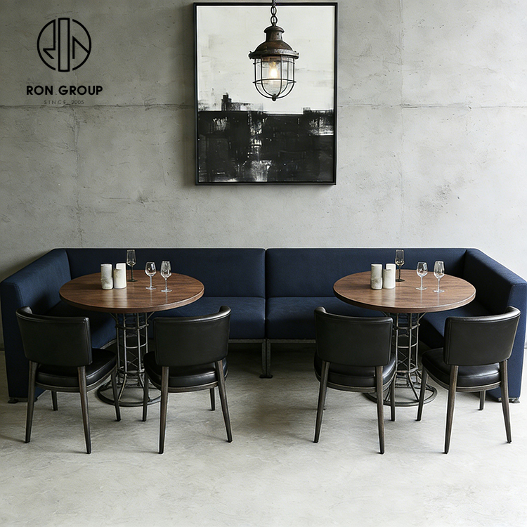 Industrial Blue Restaurant Booth Seating Set with Wooden Table and Leather Dining Chairs