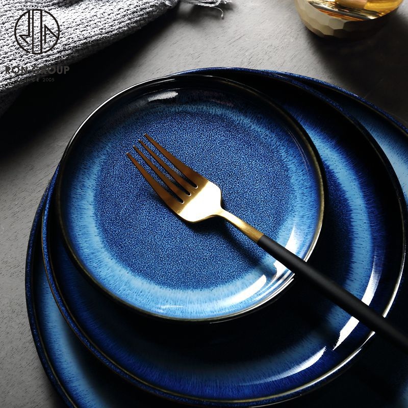 Kiln-Glazed Blue Ceramic Dinner Plate for Modern Restaurants
