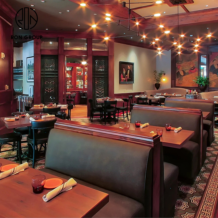 Vintage Leather Booth Seating Set With Solid Wood Tables And Black Metal Chairs For Restaurant