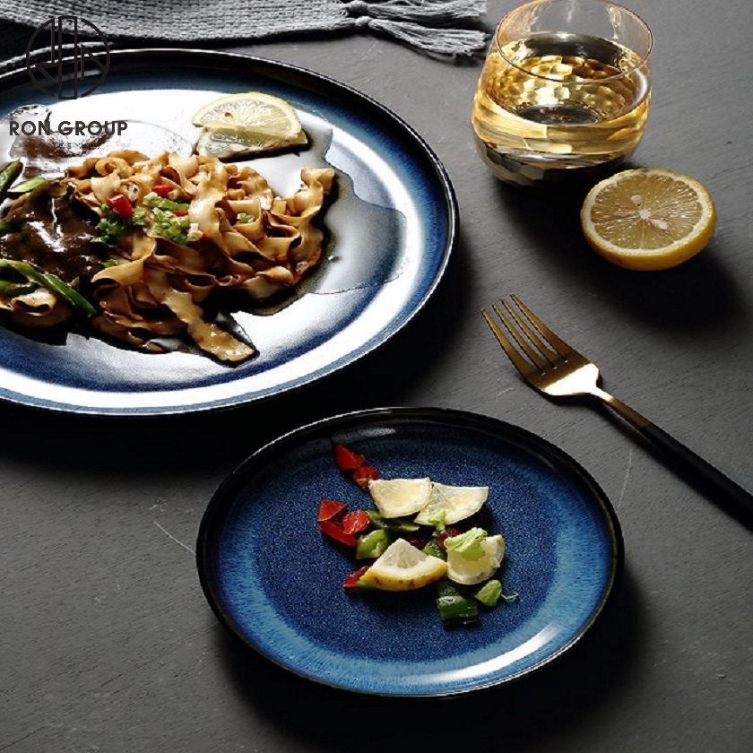 Kiln-Glazed Blue Ceramic Dinner Plate for Modern Restaurants