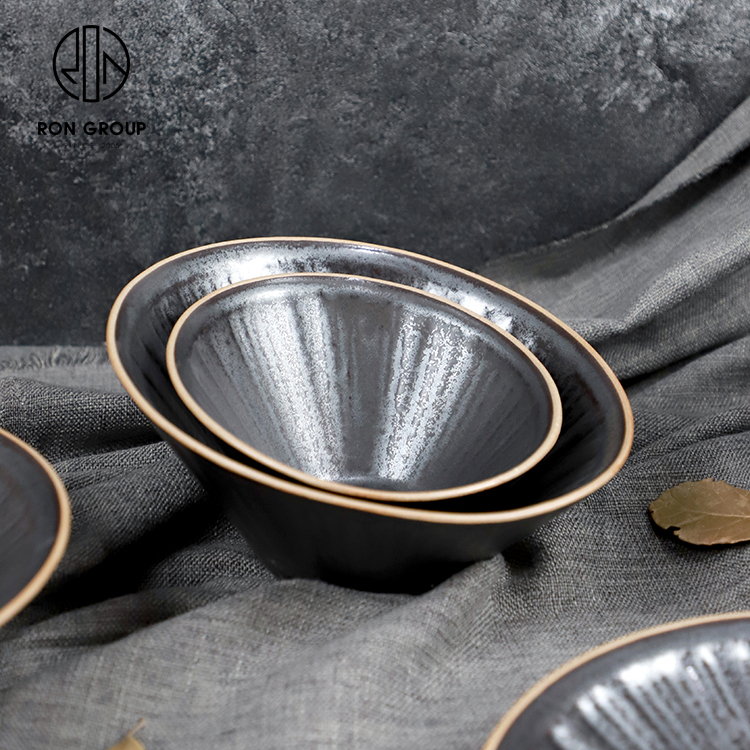 Textured Matte Black Porcelain Salad Bowl