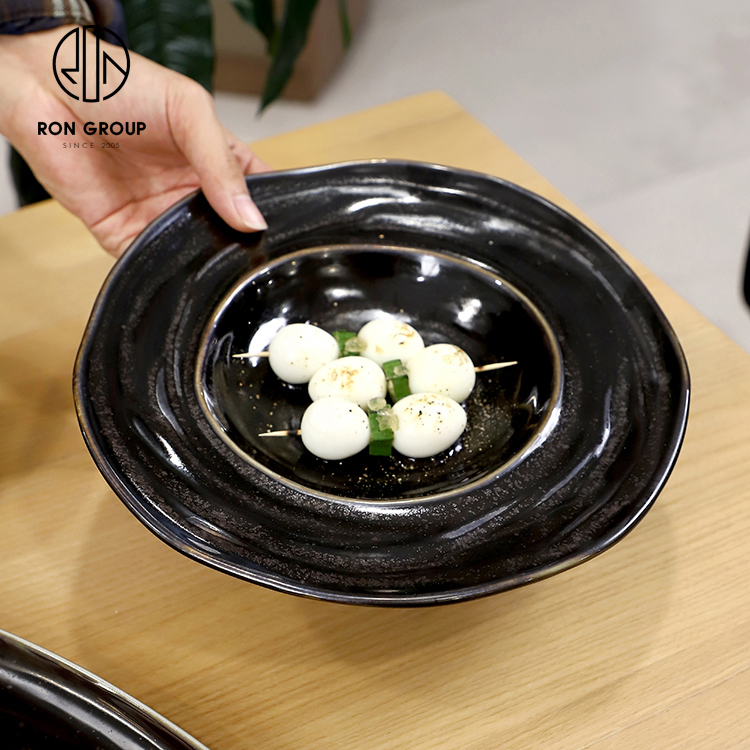 Irregular Black Ceramic Wide Rim Dinner Plate