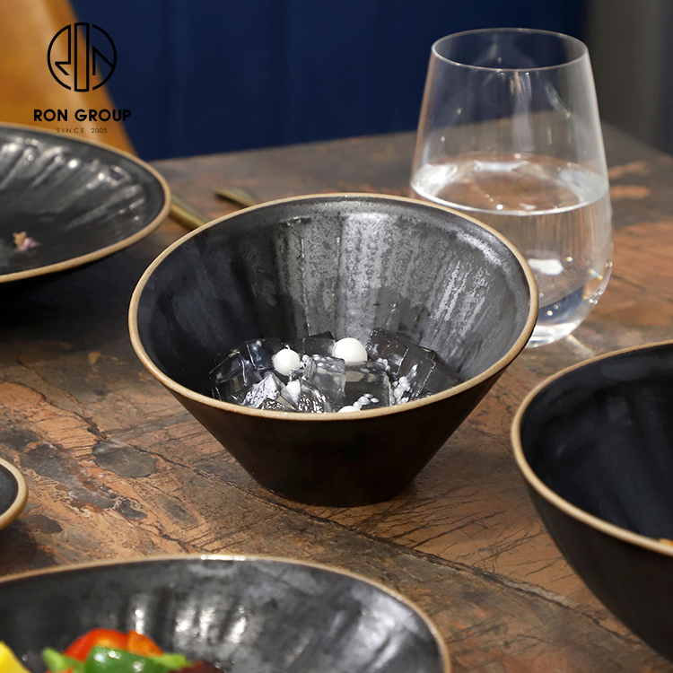 Textured Matte Black Porcelain Salad Bowl