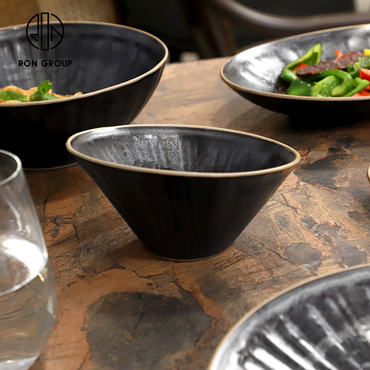 Textured Matte Black Porcelain Salad Bowl