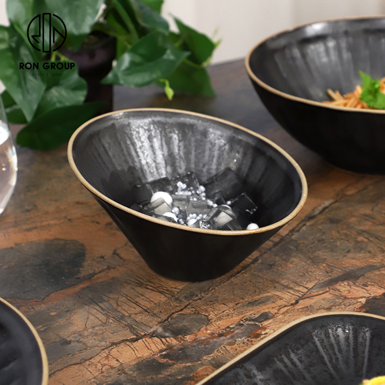 Textured Matte Black Porcelain Salad Bowl
