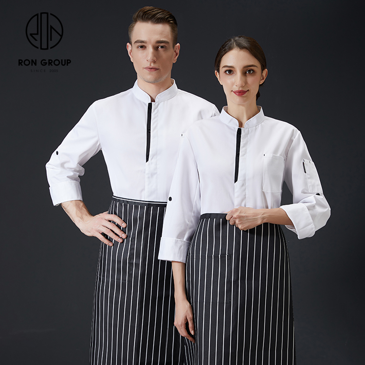 Custom Printing Logo Breathable Washable Unisex Long Sleeve Waiter Waitress Uniform with Pocket Kitchen Coffee Shop Workwear