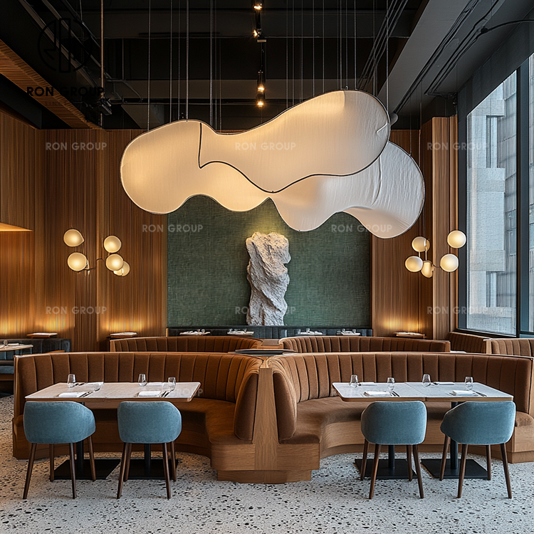 Half Circle Booth Seating Set With Walnut Wood Base Velvet Upholstery Round Marble Tables For Restaurant