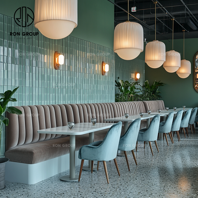 Half Circle Booth Seating Set With Walnut Wood Base Velvet Upholstery Round Marble Tables For Restaurant