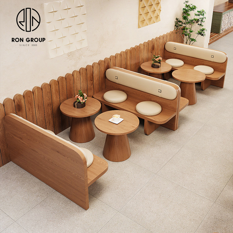 Japandi Wood Booth Bench Seating Set With Back Cushions Tables And Round Stools For Cafes