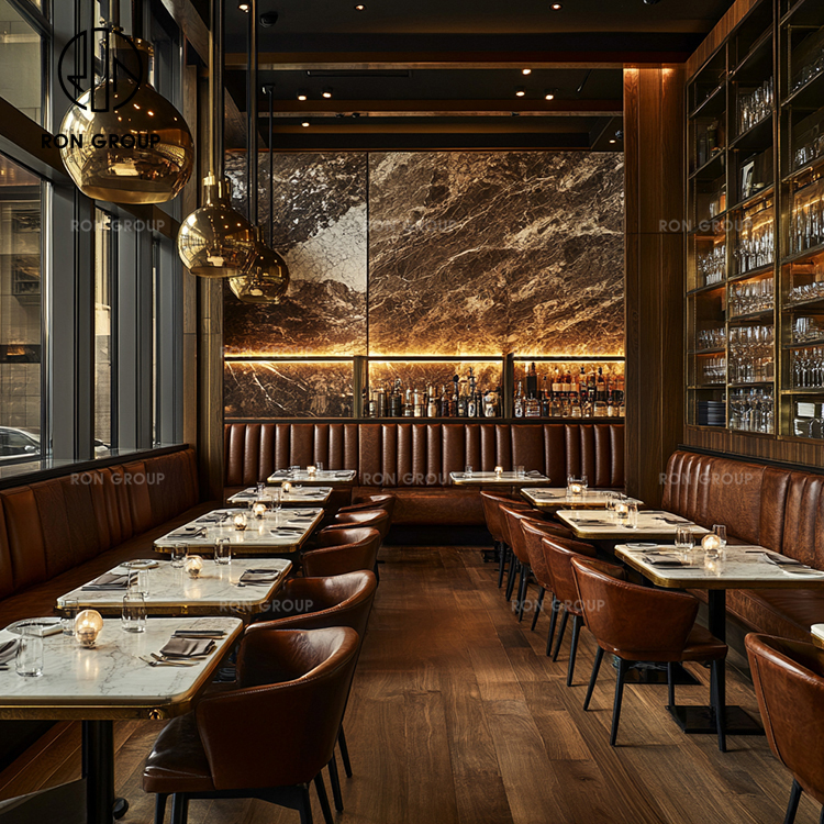 Luxury Restaurant Furniture Set with Brown Leather Booth Seating, Marble Dining Tables and Upholstered Side Chairs
