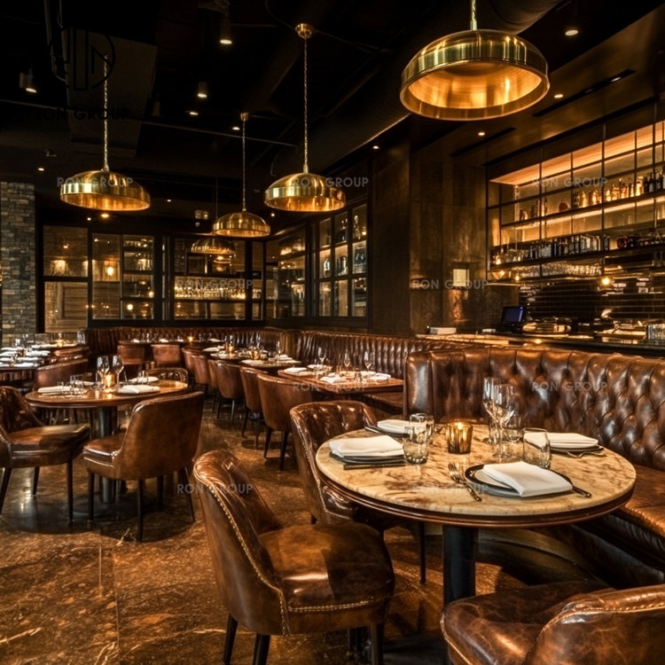 Luxury Restaurant Furniture Set with Brown Leather Booth Seating, Marble Dining Tables and Upholstered Side Chairs