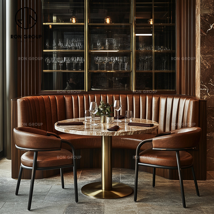 Luxury Restaurant Furniture Set with Brown Leather Booth Seating, Marble Dining Tables and Upholstered Side Chairs