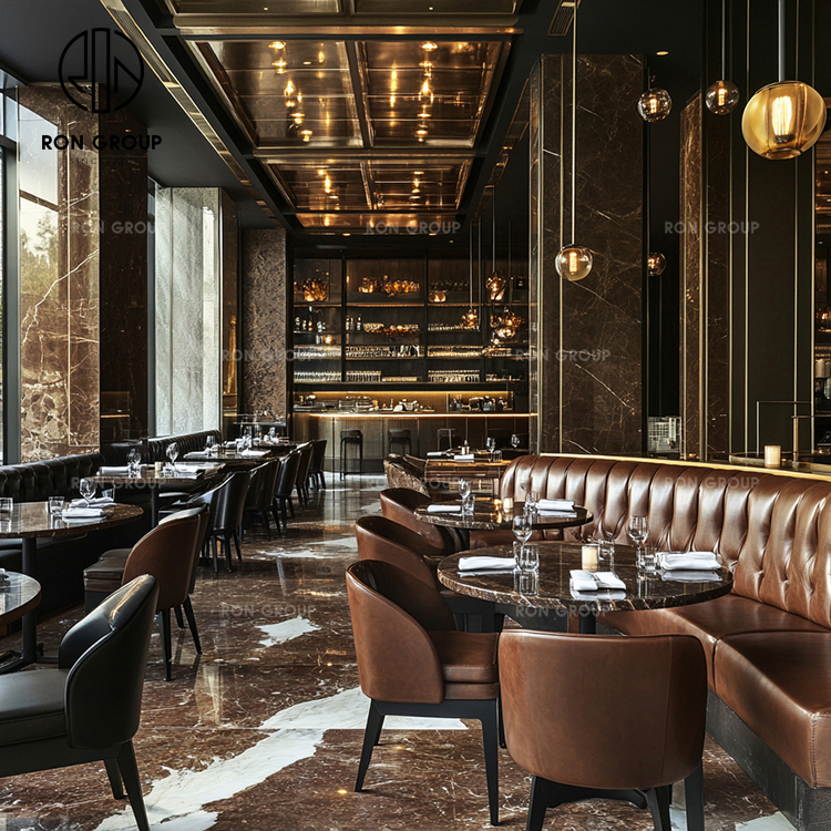 Luxury Restaurant Furniture Set with Brown Leather Booth Seating, Marble Dining Tables and Upholstered Side Chairs
