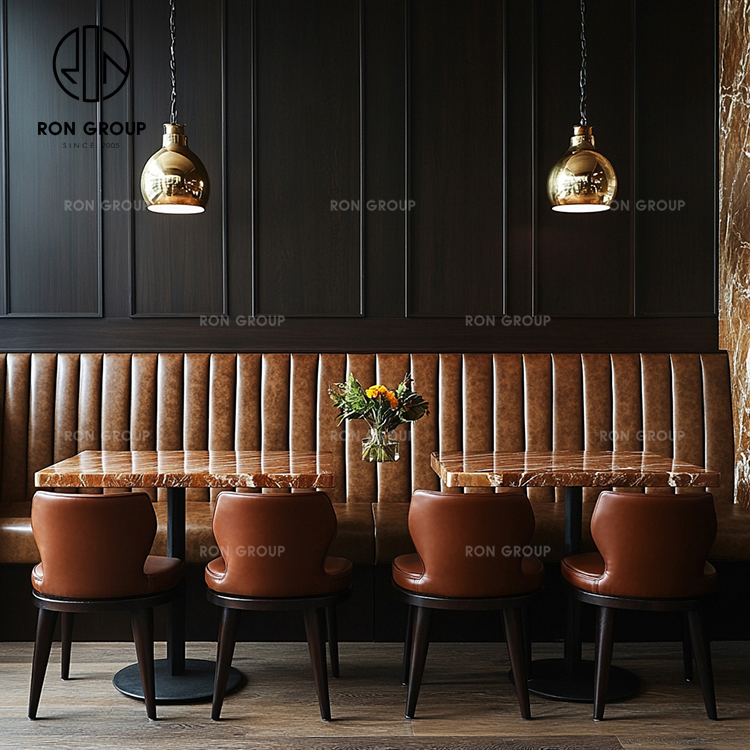 Luxury Restaurant Furniture Set with Brown Leather Booth Seating, Marble Dining Tables and Upholstered Side Chairs