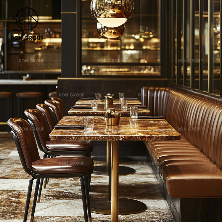 Luxury Restaurant Furniture Set with Brown Leather Booth Seating, Marble Dining Tables and Upholstered Side Chairs
