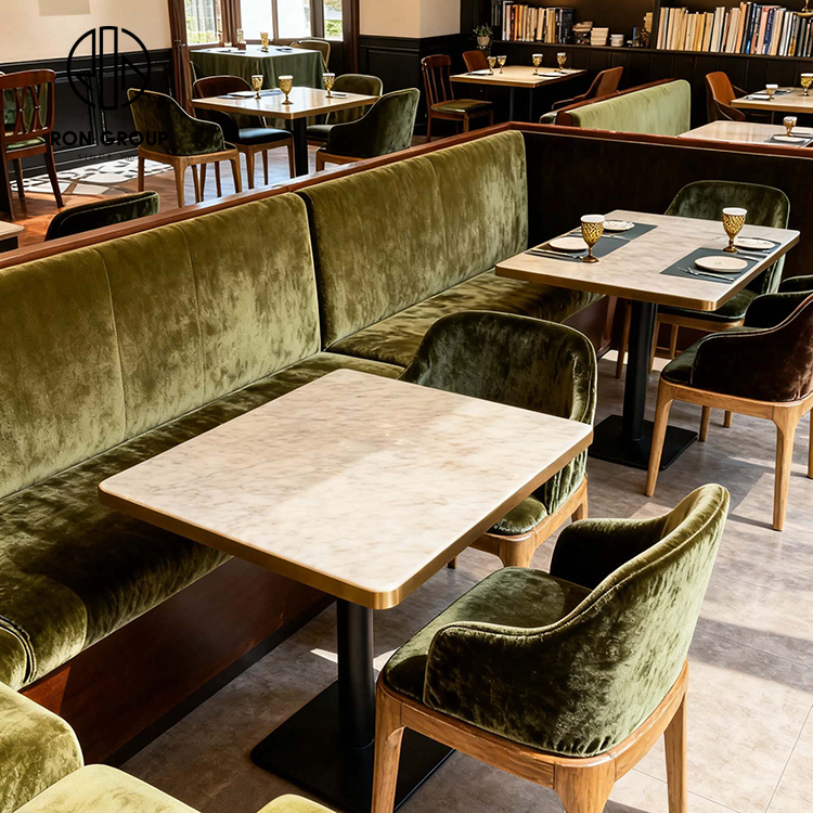 Vintage Olive Green Velvet Corner Restaurant Booth Seating Set with Wooden Table and Chairs