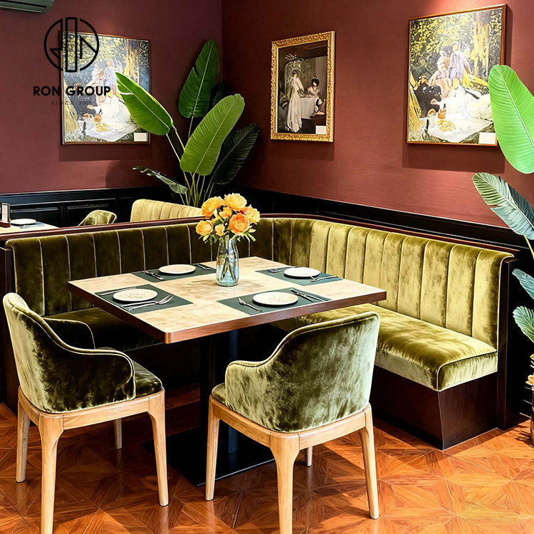 Vintage Olive Green Velvet Corner Restaurant Booth Seating Set with Wooden Table and Chairs