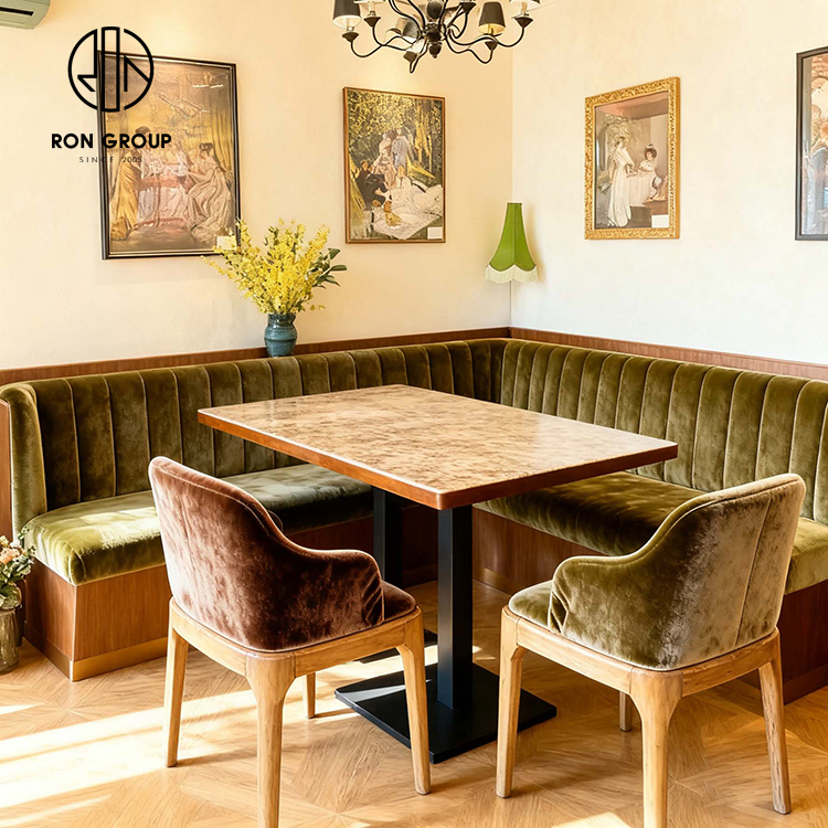 Vintage Olive Green Velvet Corner Restaurant Booth Seating Set with Wooden Table and Chairs