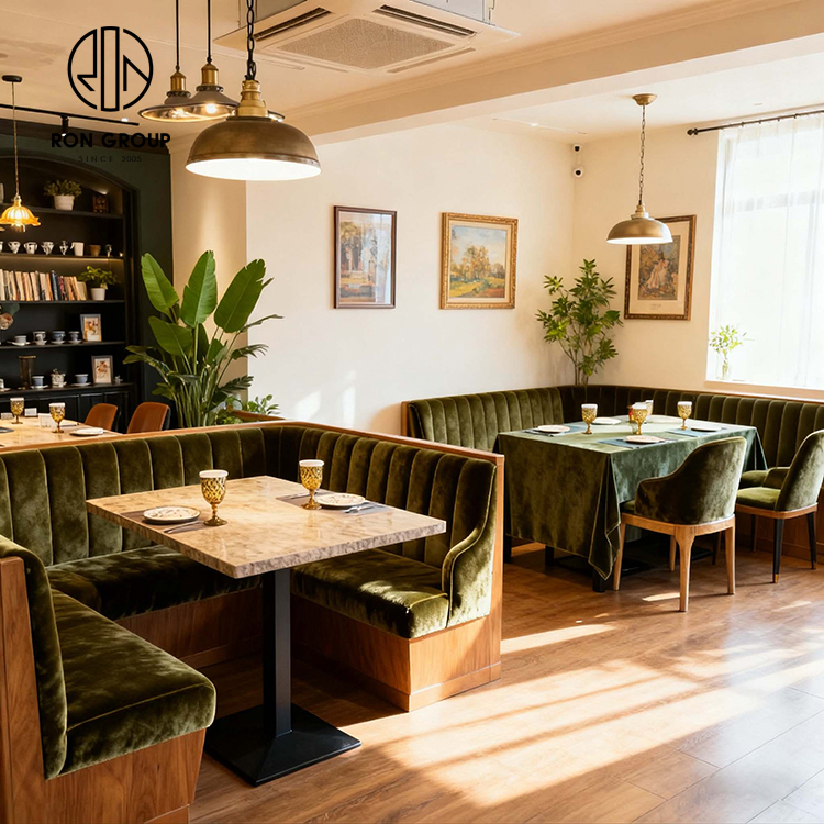 Vintage Olive Green Velvet Corner Restaurant Booth Seating Set with Wooden Table and Chairs