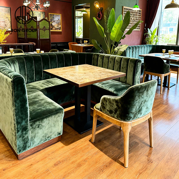 Vintage Olive Green Velvet Corner Restaurant Booth Seating Set with Wooden Table and Chairs