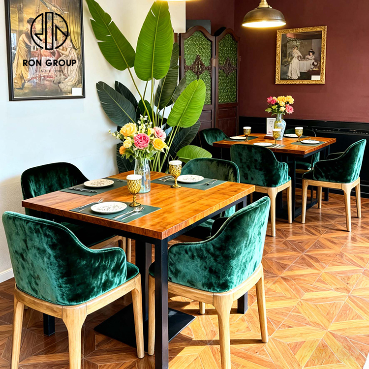 Vintage Olive Green Velvet Corner Restaurant Booth Seating Set with Wooden Table and Chairs