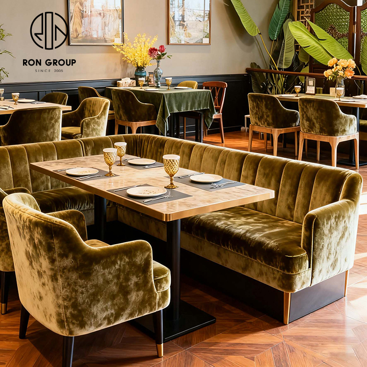 Vintage Olive Green Velvet Corner Restaurant Booth Seating Set with Wooden Table and Chairs