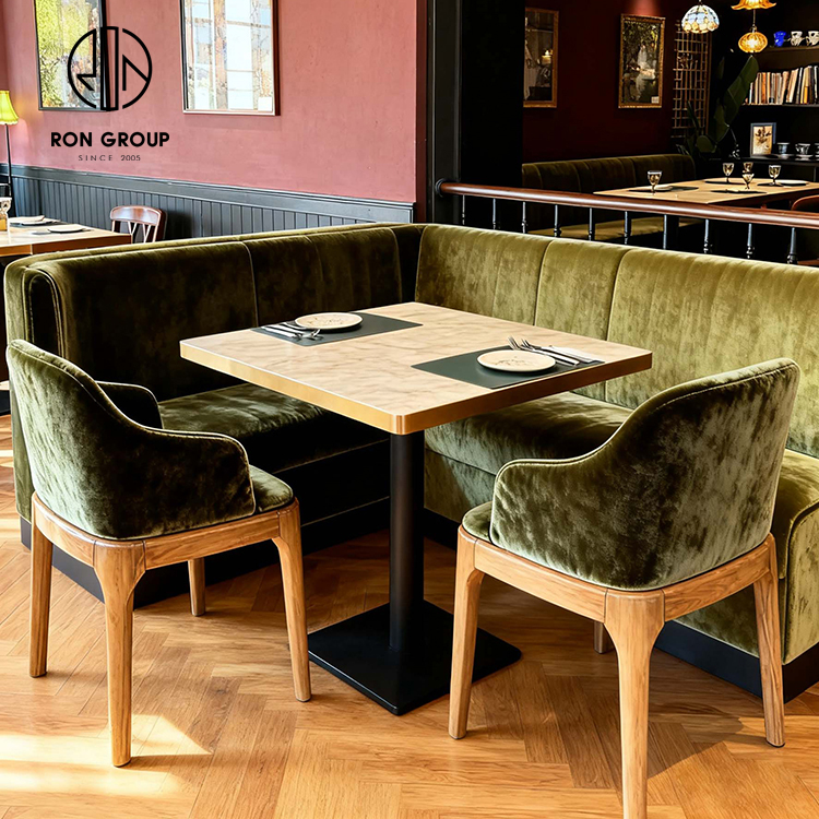 Vintage Olive Green Velvet Corner Restaurant Booth Seating Set with Wooden Table and Chairs