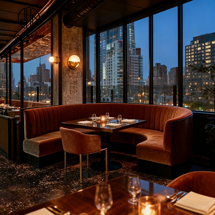 Luxury Rust Velvet Curved Restaurant Booth Seating Set with Round Dining Tables and Chairs