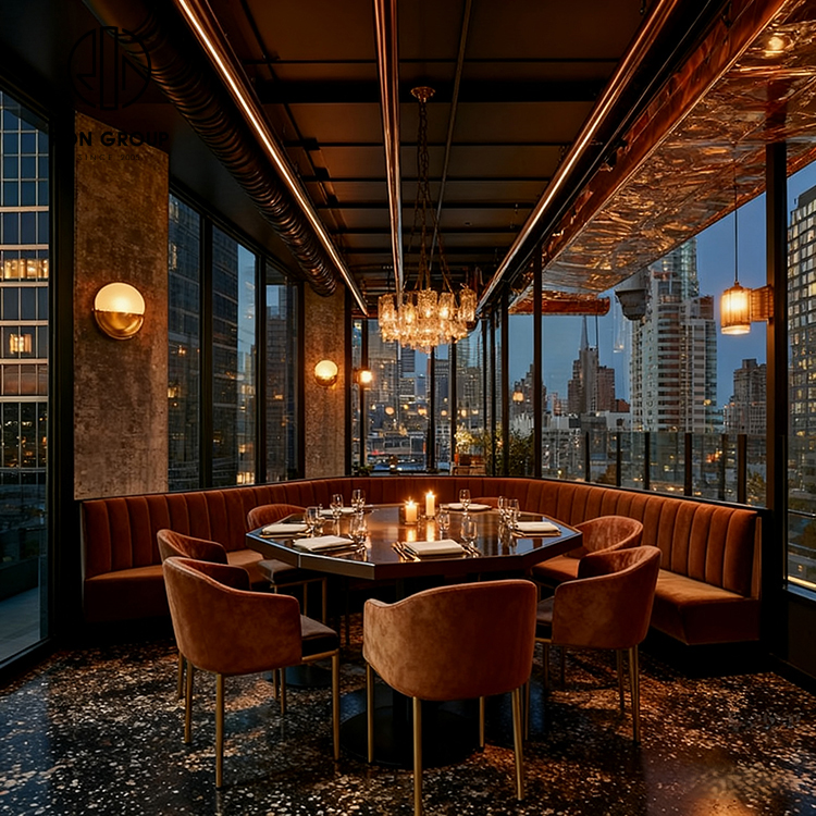 Luxury Rust Velvet Curved Restaurant Booth Seating Set with Round Dining Tables and Chairs