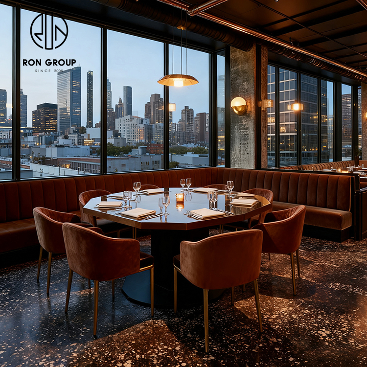 Luxury Rust Velvet Curved Restaurant Booth Seating Set with Round Dining Tables and Chairs