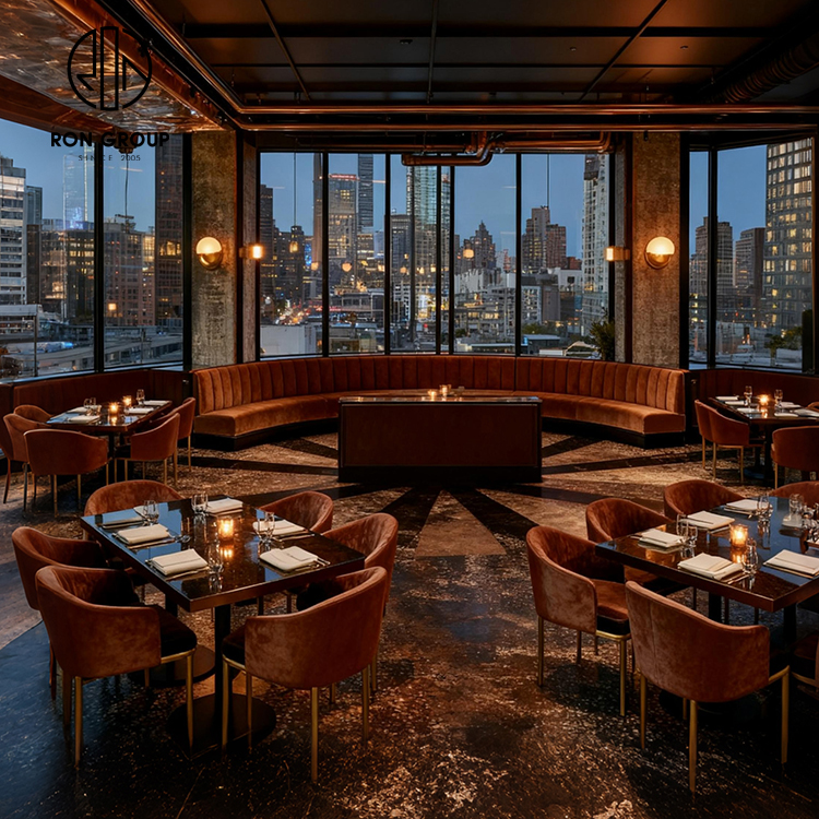 Luxury Rust Velvet Curved Restaurant Booth Seating Set with Round Dining Tables and Chairs