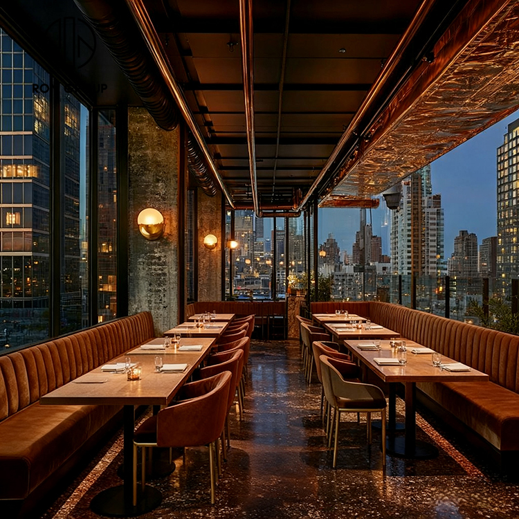 Luxury Rust Velvet Curved Restaurant Booth Seating Set with Round Dining Tables and Chairs